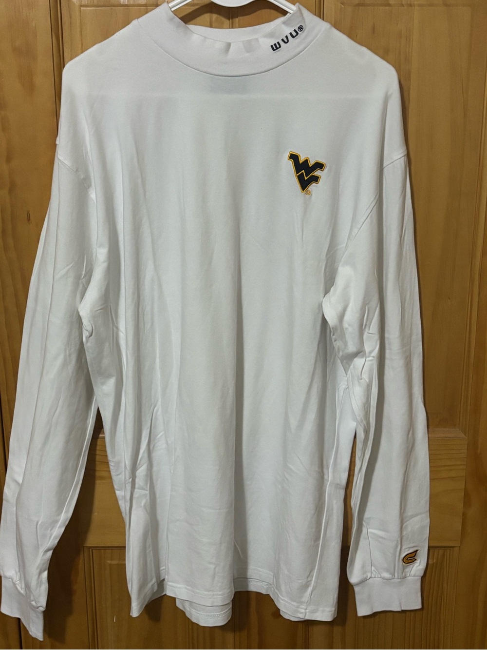 White Long-Sleeve Men’s Shirt with Small Gold & Black Chest Logo